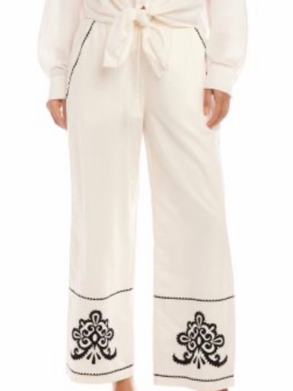Karen Kane Ivory Wide-Leg Pants with Black Embroidery